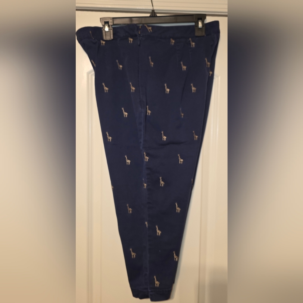 Coldwater Creek navy blue cropped pants featuring a small,  embroidered Giraffe